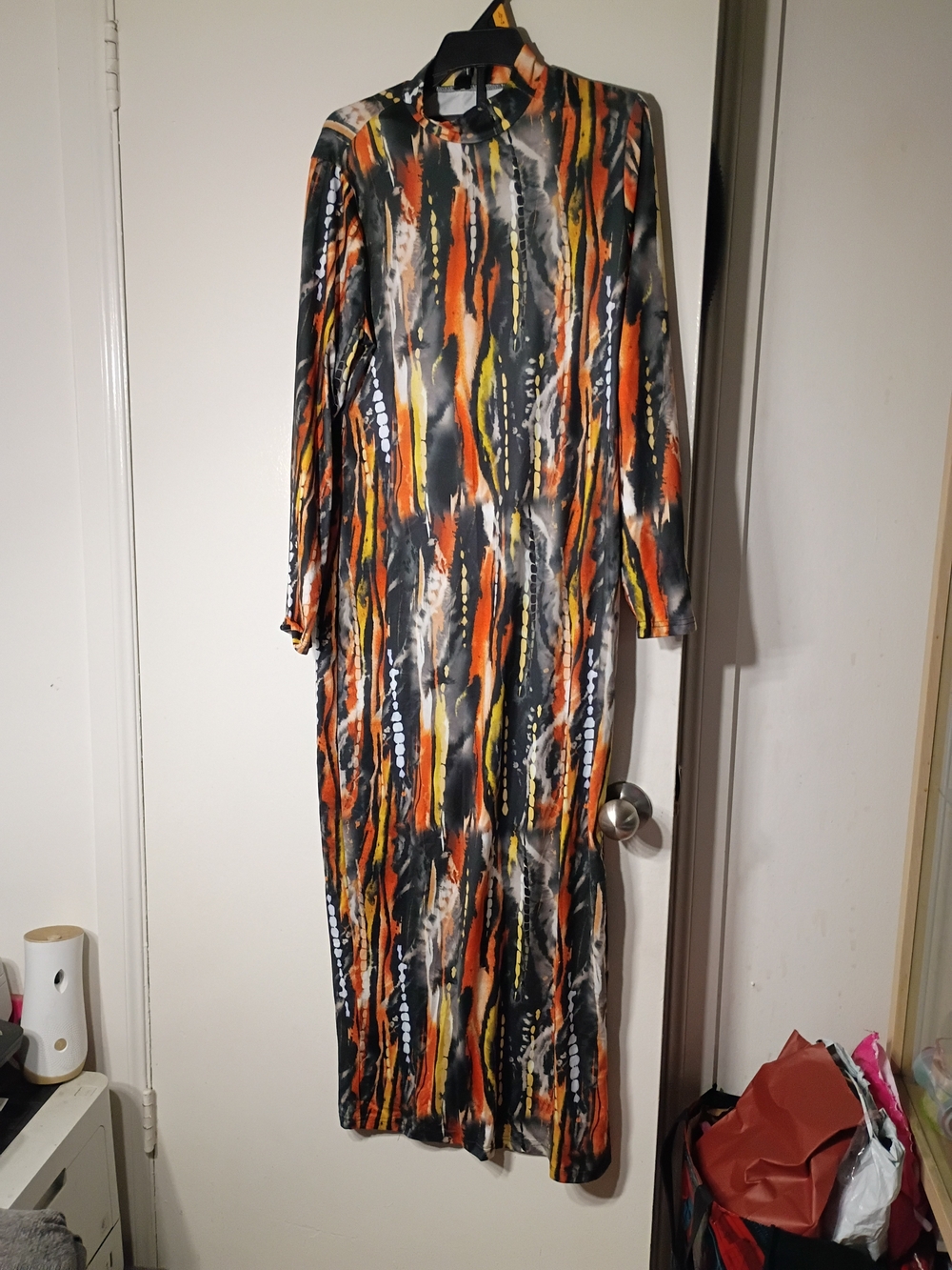 SHEIN Long Sleeve Abstract Maxi Dress in Orange, Black & Yellow